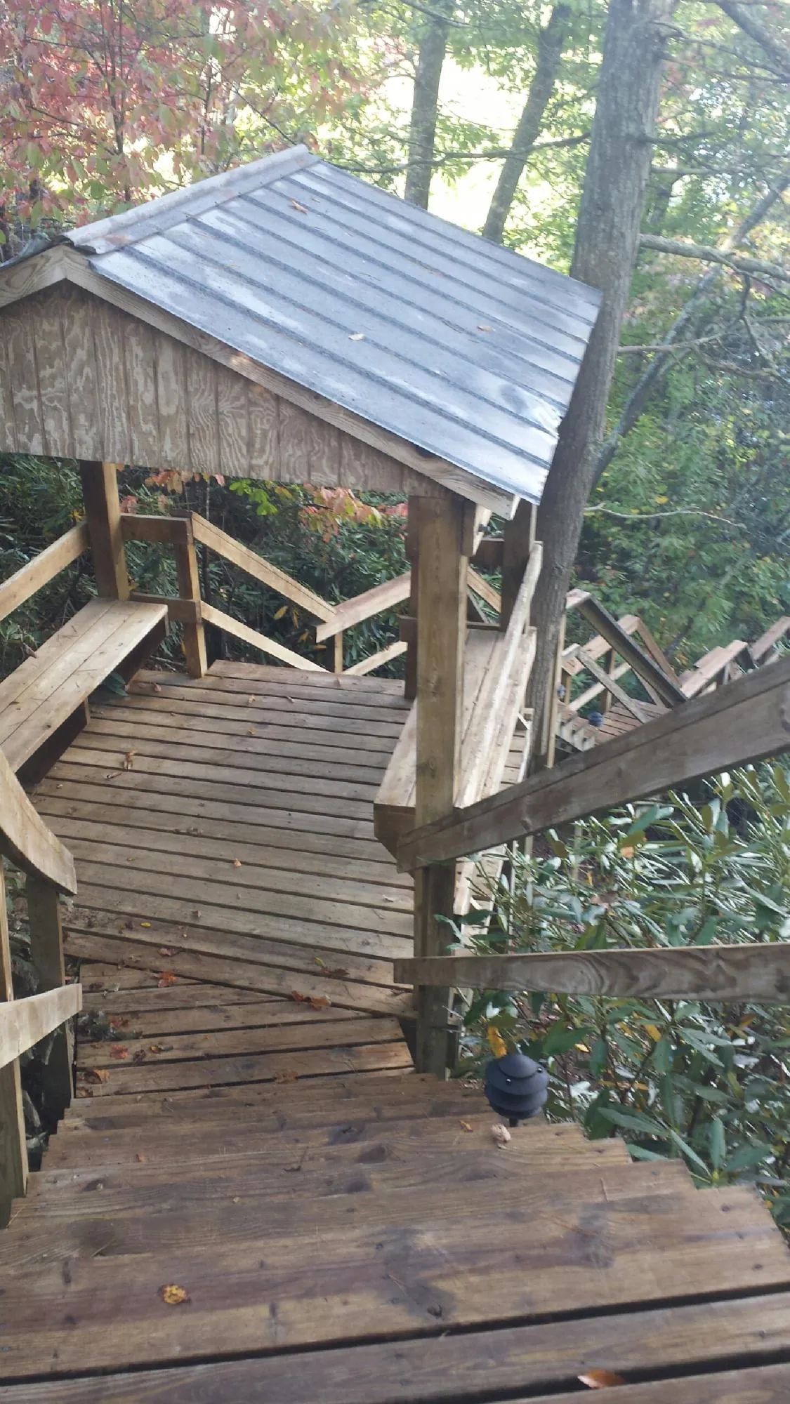 Metal roofed shelter over wooden steps on a wooded walkway — Skylight Repair & Installation work by our crew in Micaville